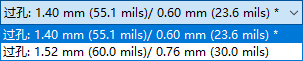 Pcbnew track toolbar via size selection in use Pcbnew track toolbar via size selection in use